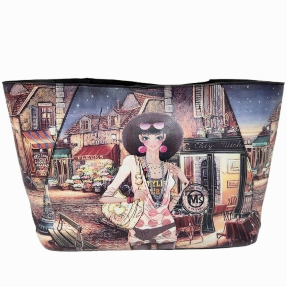 Michael Michelle Large Coated Canvas Printed French Market Scene Tote Bag